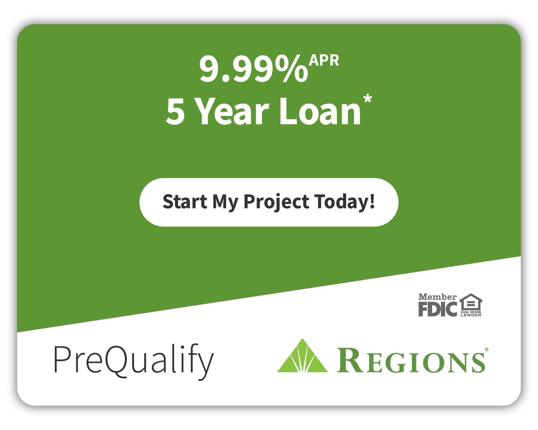 9.99 percent APR 5 year loan for deck, pergola and patio cover projects. Regions PreQualify.