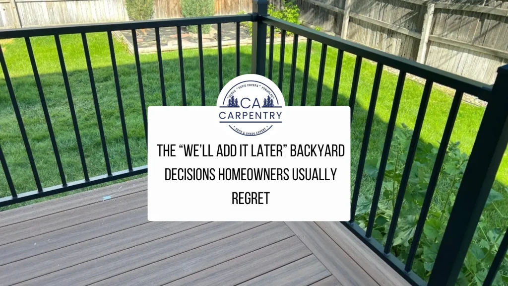 Spacious backyard deck with a pergola and seating area, planned to avoid common backyard planning mistakes